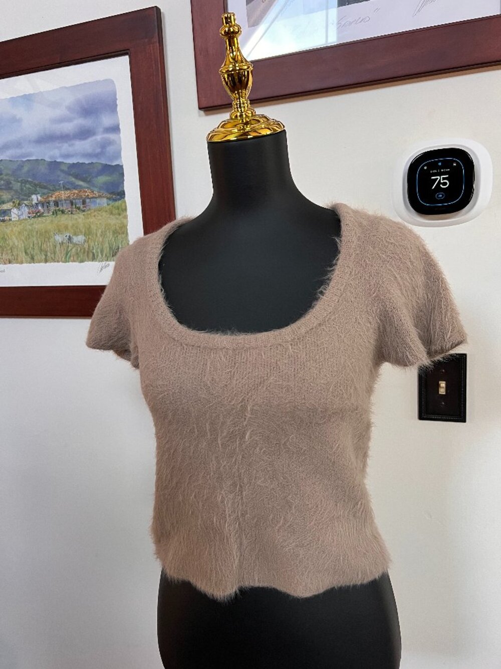 SO Brand Fuzzy Champagne Short Sleeve Sweater Womens sz M Boho